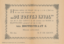 712867 Herdruk van een reclamebiljet van “De Zoeten Inval”, H.P. de Groot, in alle zoorten van Koek en Kleyngoed, tuin ...